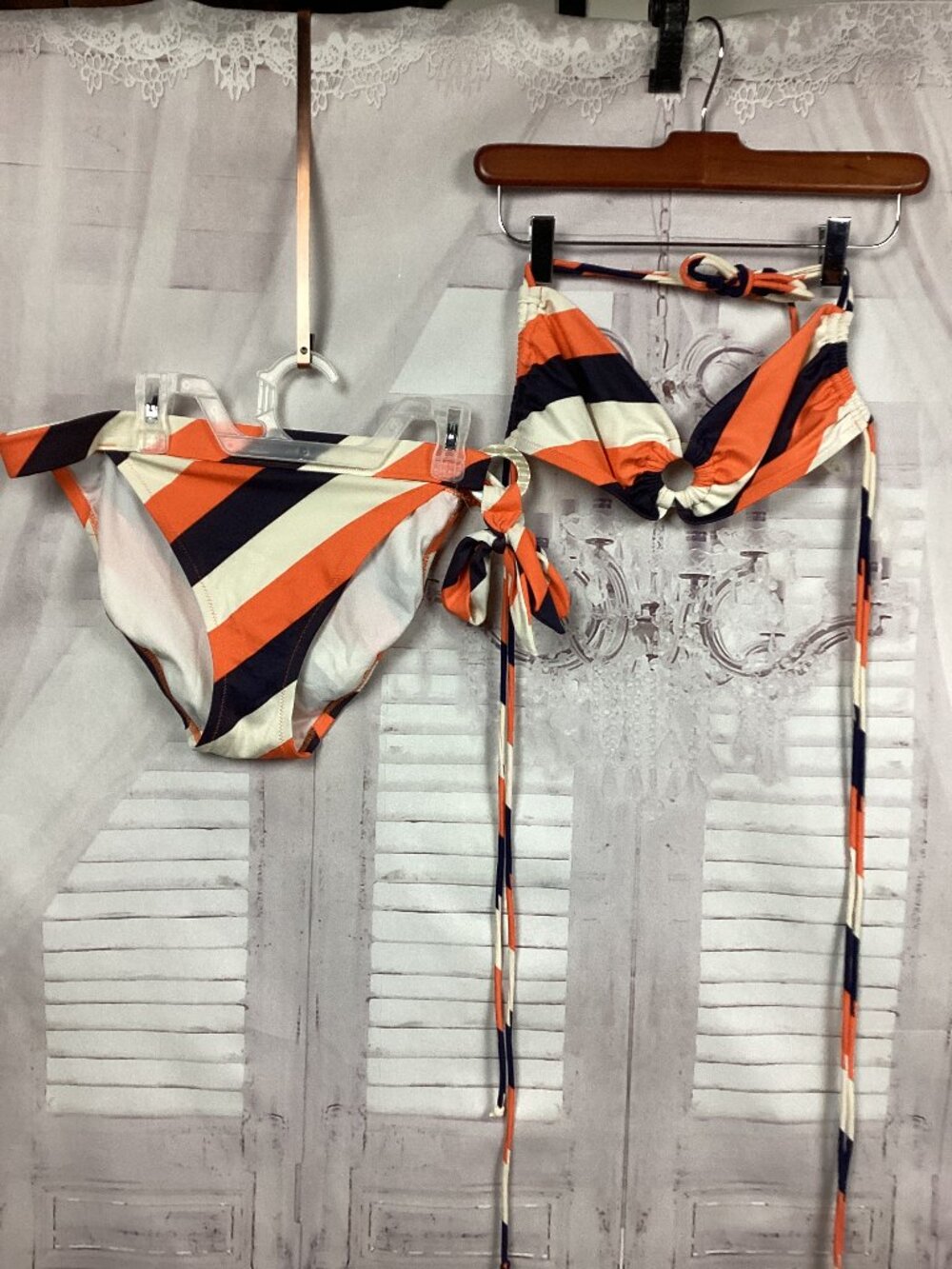 Victoria's Secret Bikini Swimsuit Orange, White & Black Stripe L